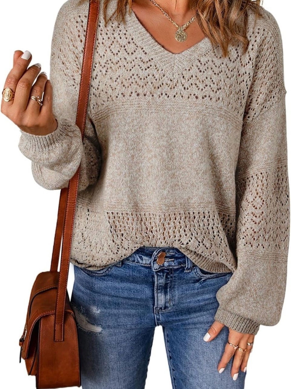 V-Neck Openwork Knit Sweater - Beige